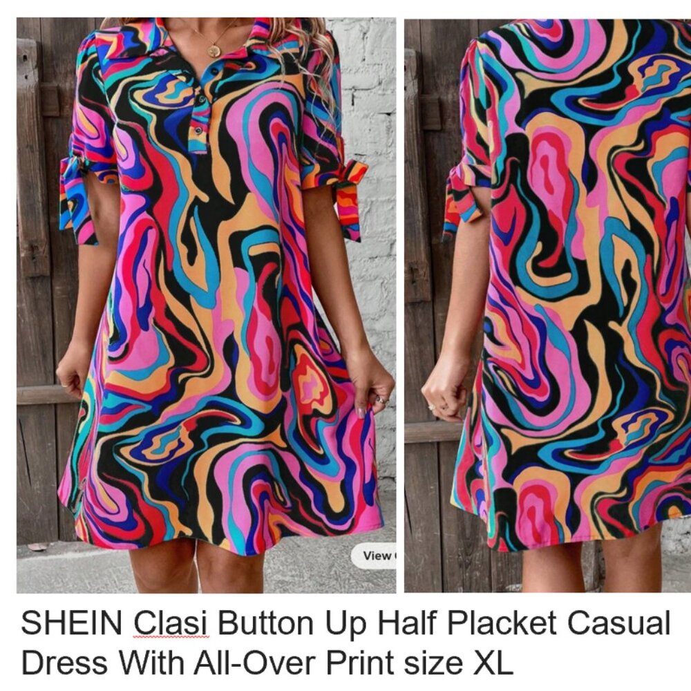SHEIN Clasi Button Up Half Placket Casual Dress With All-Over Print size XL
